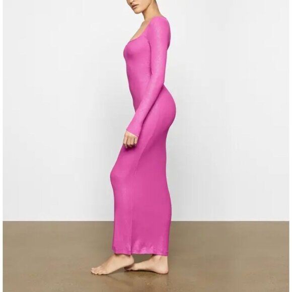 SKIMS Soft Lounge Long Sleeve Ribbed Bodycon Metallic Fuchsia Party Dress Large - Picture 3 of 11